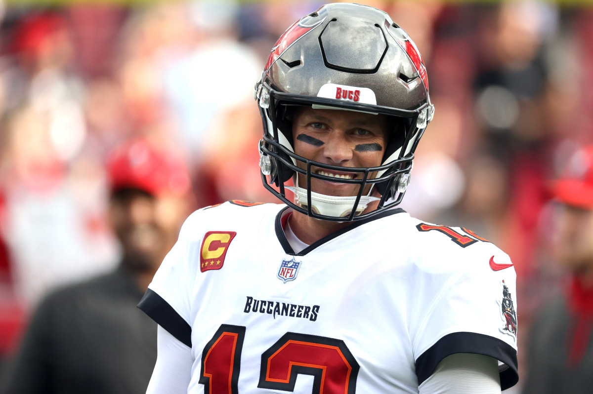 Jan 9, 2022; Tampa, Florida, USA; Tampa Bay Buccaneers quarterback Tom Brady (12) against the Carolina Panthers prior to the game at Raymond James Stadium. Mandatory Credit: Kim Klement-USA TODAY Sports