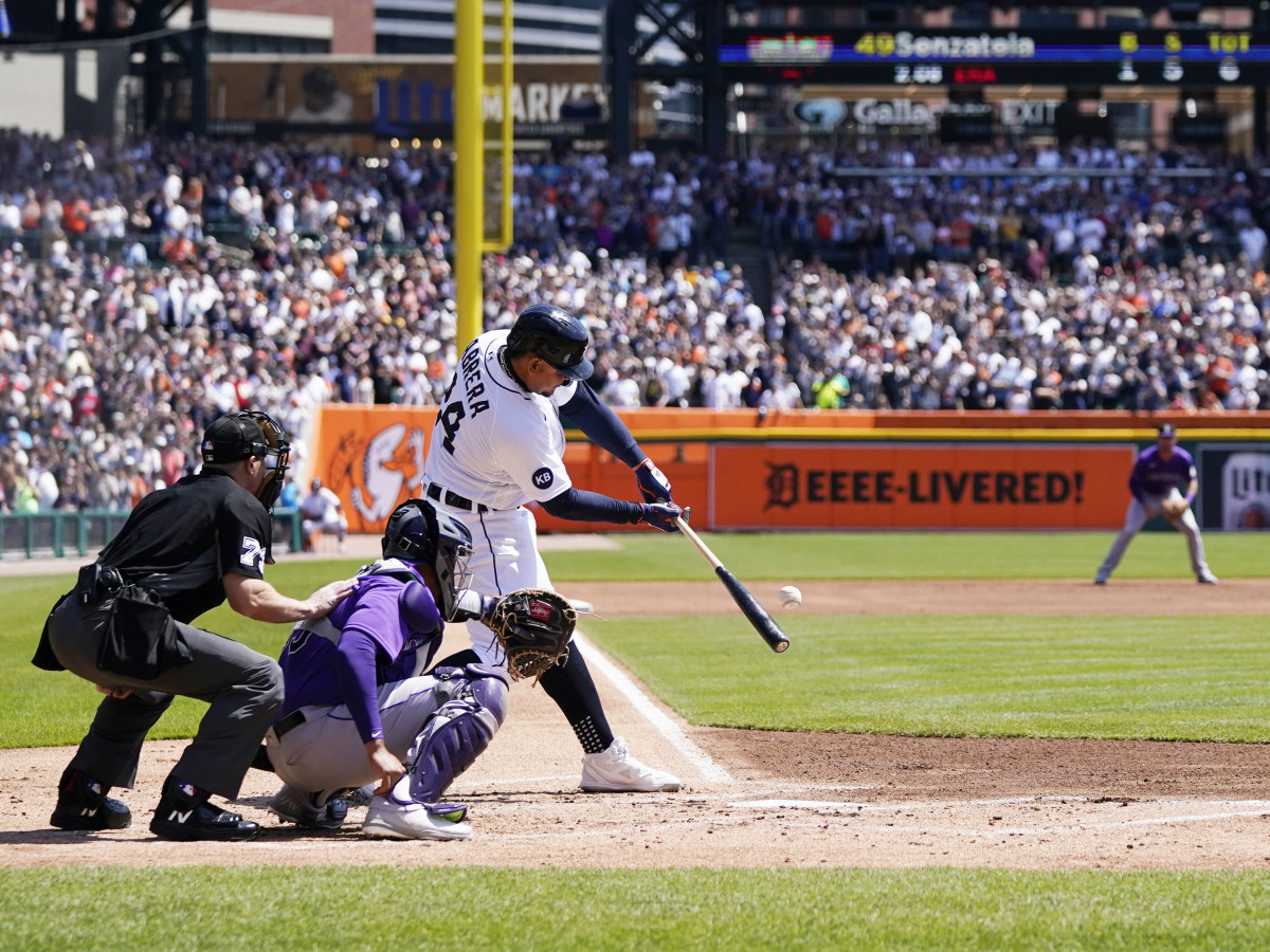 Detroit Tigers designated hitter Miguel Cabrera connects for his 3,000th hit during the first inning of the first baseball game of a doubleheader against the Colorado Rockies, Saturday, April 23, 2022, in Detroit.