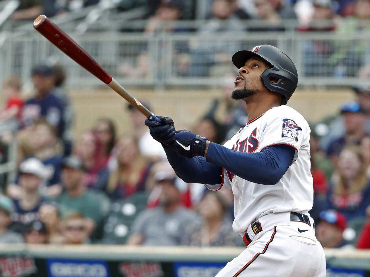 Minnesota Twins’ Byron Buxton watches a solo home run against the Chicago White Sox during the fourth inning of a baseball game Saturday, April 23, 2022, in Minneapolis. The Twins won 9-2.