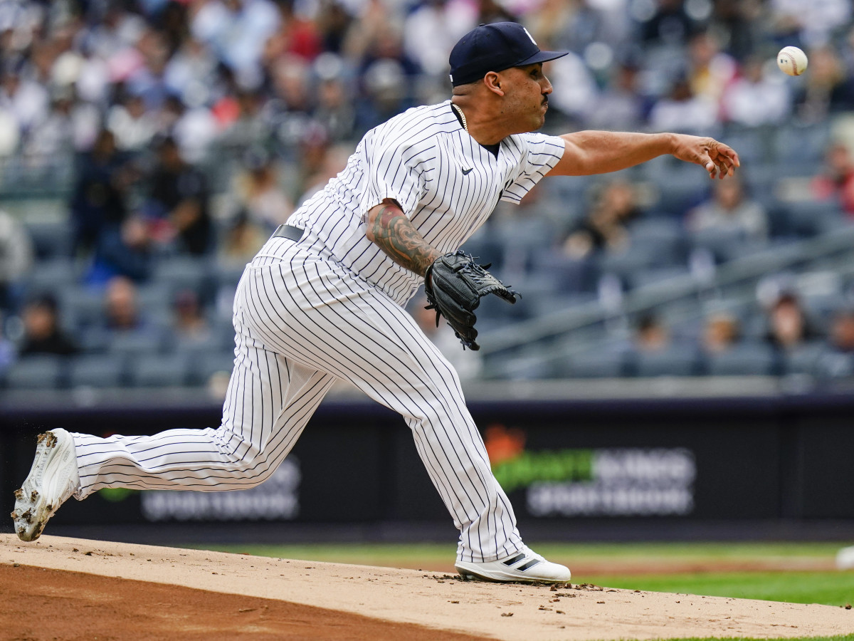 New York Yankees’ Nestor Cortes pitches during the first inning of a baseball game against the Cleveland Guardians Saturday, April 23, 2022, in New York.