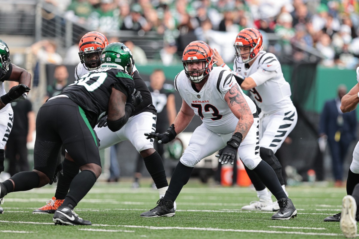 Oct 31, 2021; East Rutherford, New Jersey, USA; Cincinnati Bengals offensive tackle Jonah Williams (73) blocks against the New York Jets during the second half at MetLife Stadium. Mandatory Credit: Vincent Carchietta-USA TODAY Sports