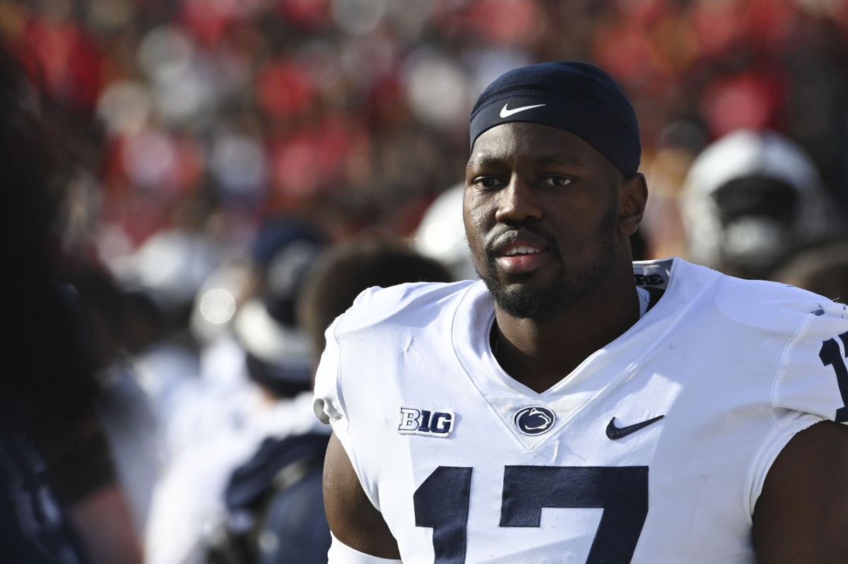 Nov 6, 2021; College Park, Maryland, USA; Penn State Nittany Lions defensive end Arnold Ebiketie (17) during the game against the Maryland Terrapins at Capital One Field at Maryland Stadium. Mandatory Credit: Tommy Gilligan-USA TODAY Sports