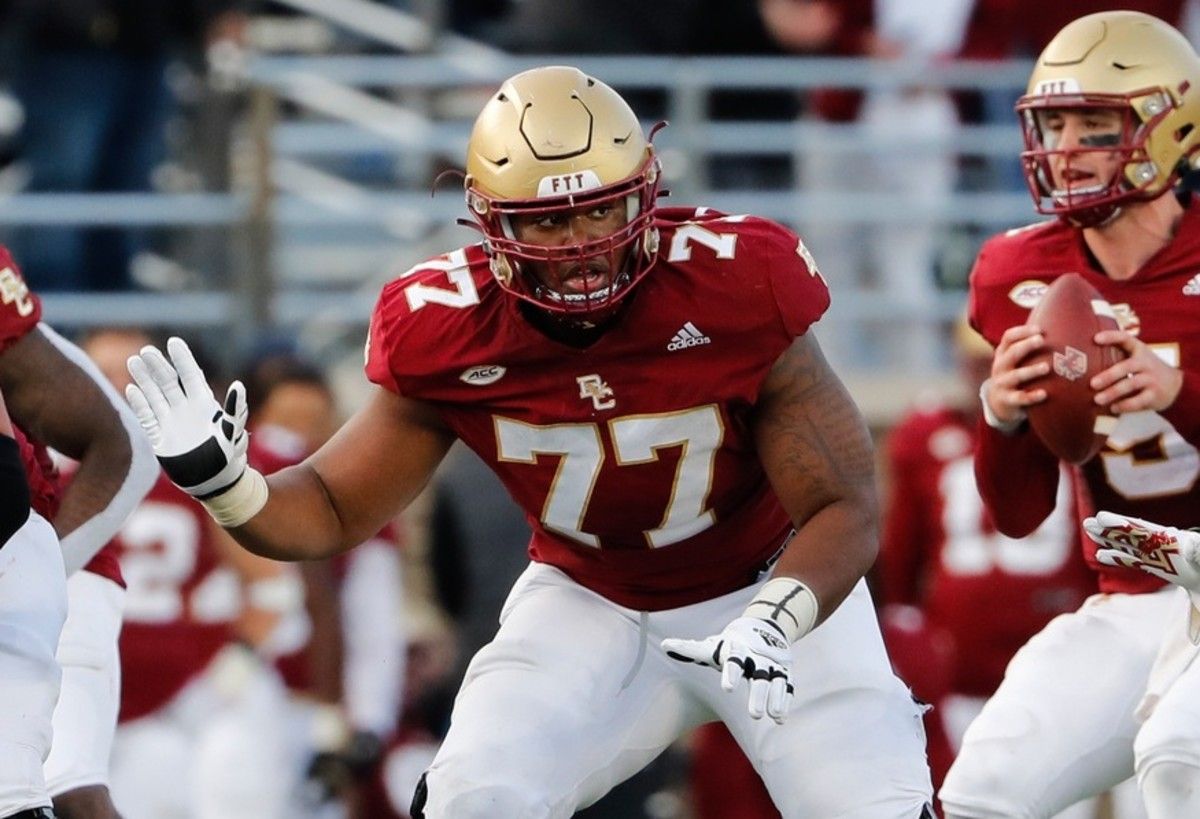 Boston College Eagles offensive lineman Zion Johnson (77) during the second half against the Florida State Seminoles at Alumni Stadium.