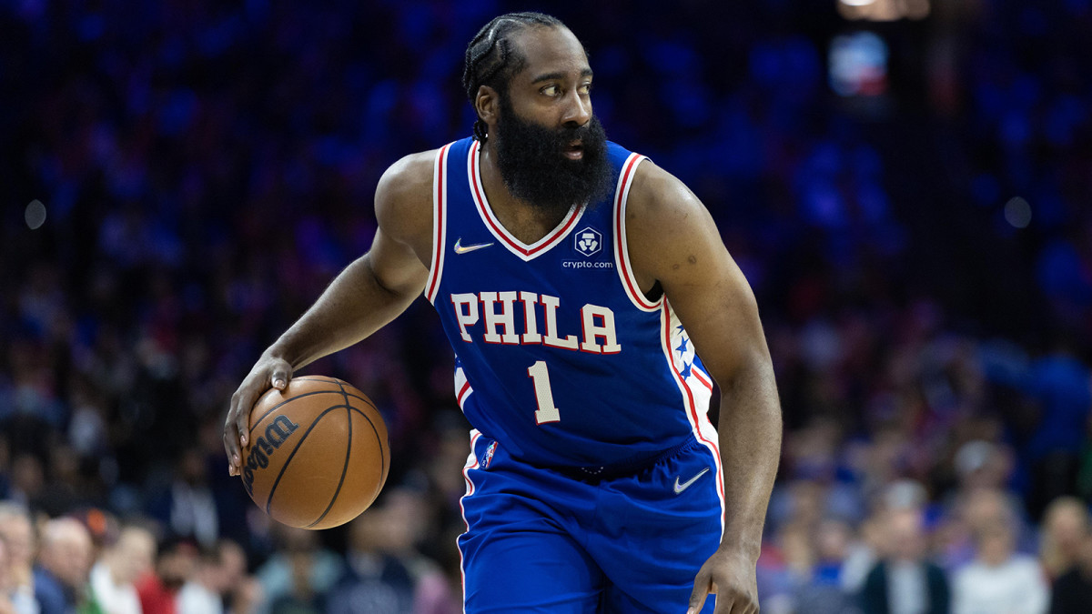 Philadelphia 76ers guard James Harden (1) dribbles the ball against the Toronto Raptors.