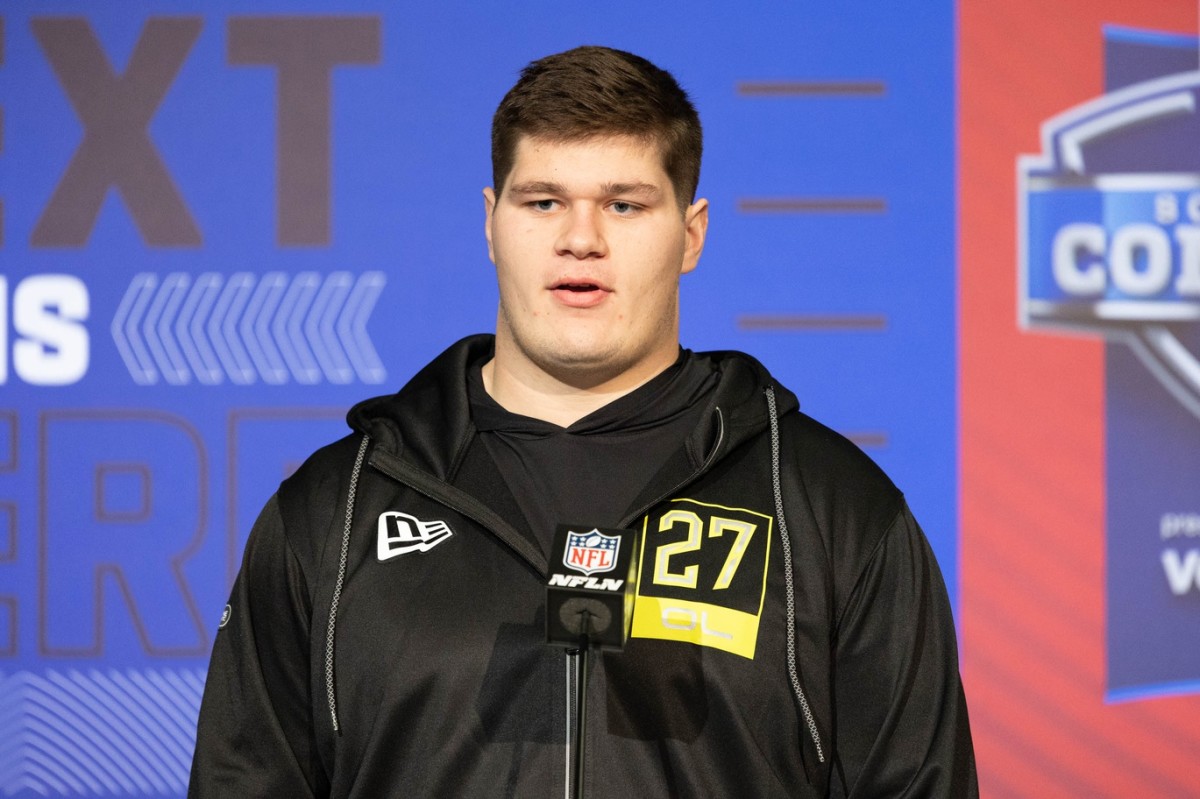 Mar 3, 2022; Indianapolis, IN, USA; Iowa offensive lineman Tyler Linderbaum talks to the media during the 2022 NFL Scouting Combine.