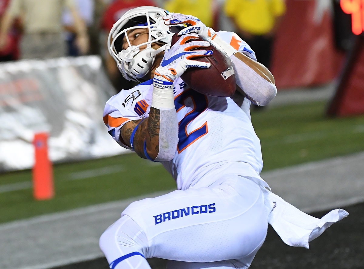 Oct 5, 2019; Las Vegas, NV, USA; Boise State Broncos wide receiver Khalil Shakir (2) makes a touchdown catch during the second half against the UNLV Rebels at Sam Boyd Stadium. Mandatory Credit: Stephen R. Sylvanie-USA TODAY Sports