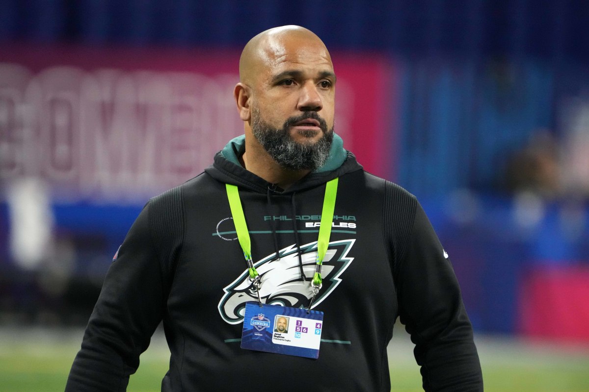 Mar 4, 2022; Indianapolis, IN, USA; Philadelphia Eagles running backs coach Jemal Singleton during the 2022 NFL Scouting Combine at Lucas Oil Stadium. Mandatory Credit: Kirby Lee-USA TODAY Sports