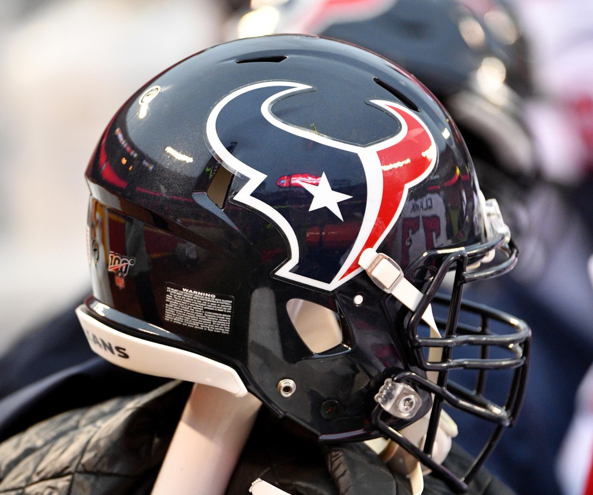 Jan 12, 2020; Kansas City, Missouri, USA; A general view of a Houston Texans helmet during the AFC Divisional Round playoff football game against the Kansas City Chiefs at Arrowhead Stadium.