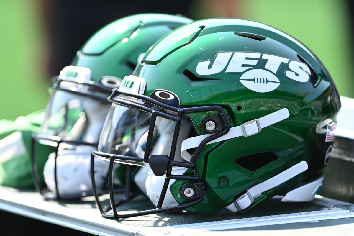 Sep 12, 2021; Charlotte, North Carolina, USA; New York Jets helmets on the sidelines at Bank of America Stadium.