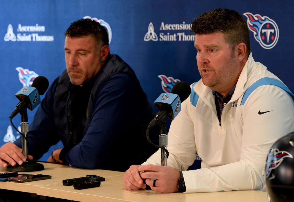 Tennessee Titans head coach Mike Vrabel, and General Manager, Jon Robinson talk about the upcoming NFL draft at the Saint Thomas Sports Park training camp facility on Thursday, April 21, 2022, in Nashville, Tenn.