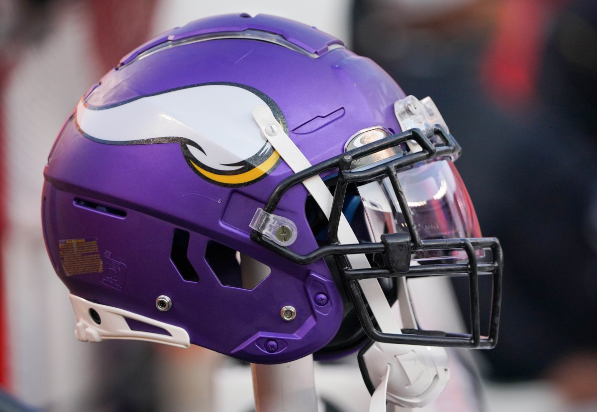 Aug 27, 2021; Kansas City, Missouri, USA; A general view of a Minnesota Vikings helmet before the game against the Kansas City Chiefs at GEHA Field at Arrowhead Stadium.