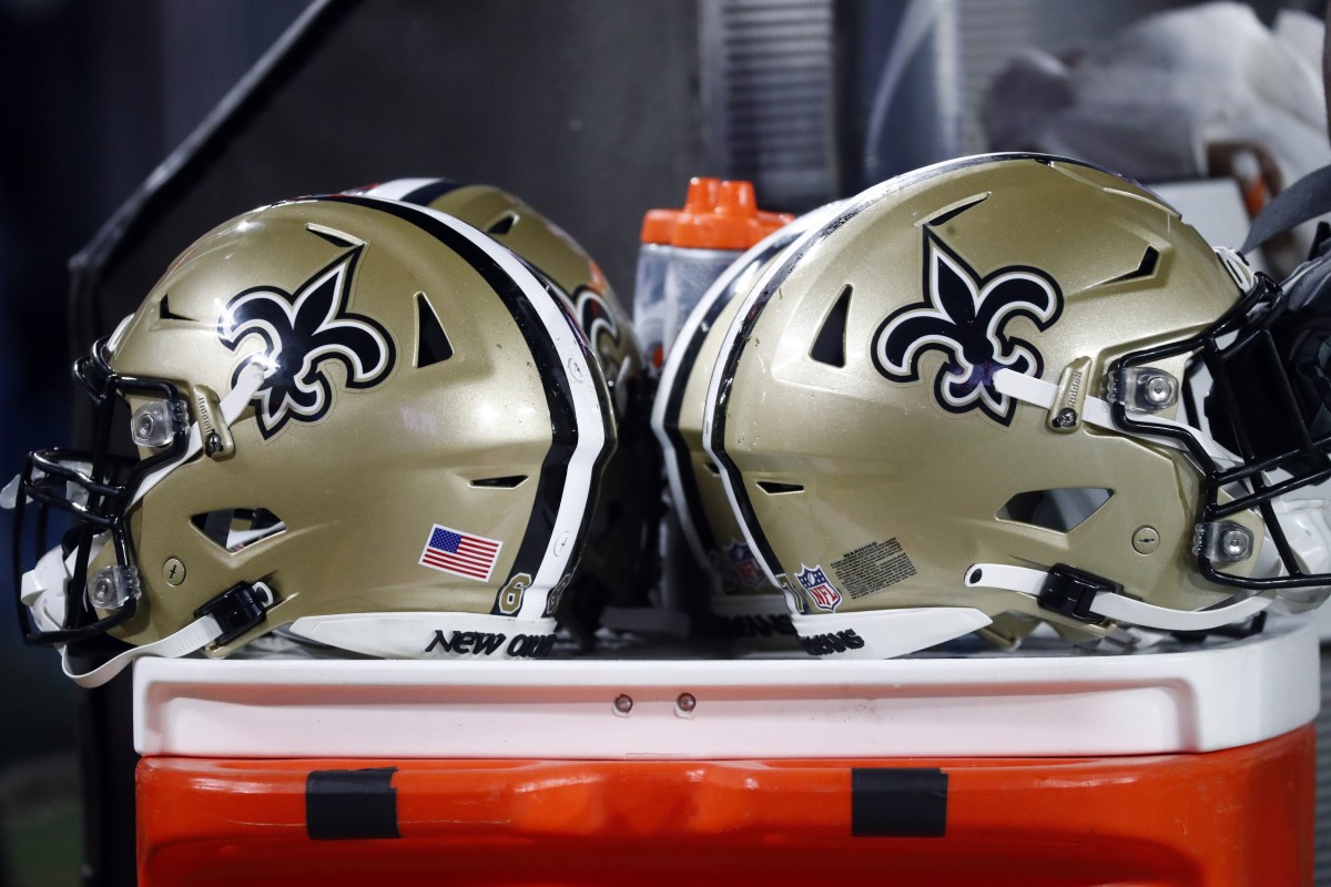 Dec 19, 2021; Tampa, Florida, USA; A detail view of New Orleans Saints helmets against the Tampa Bay Buccaneers during the second half at Raymond James Stadium.