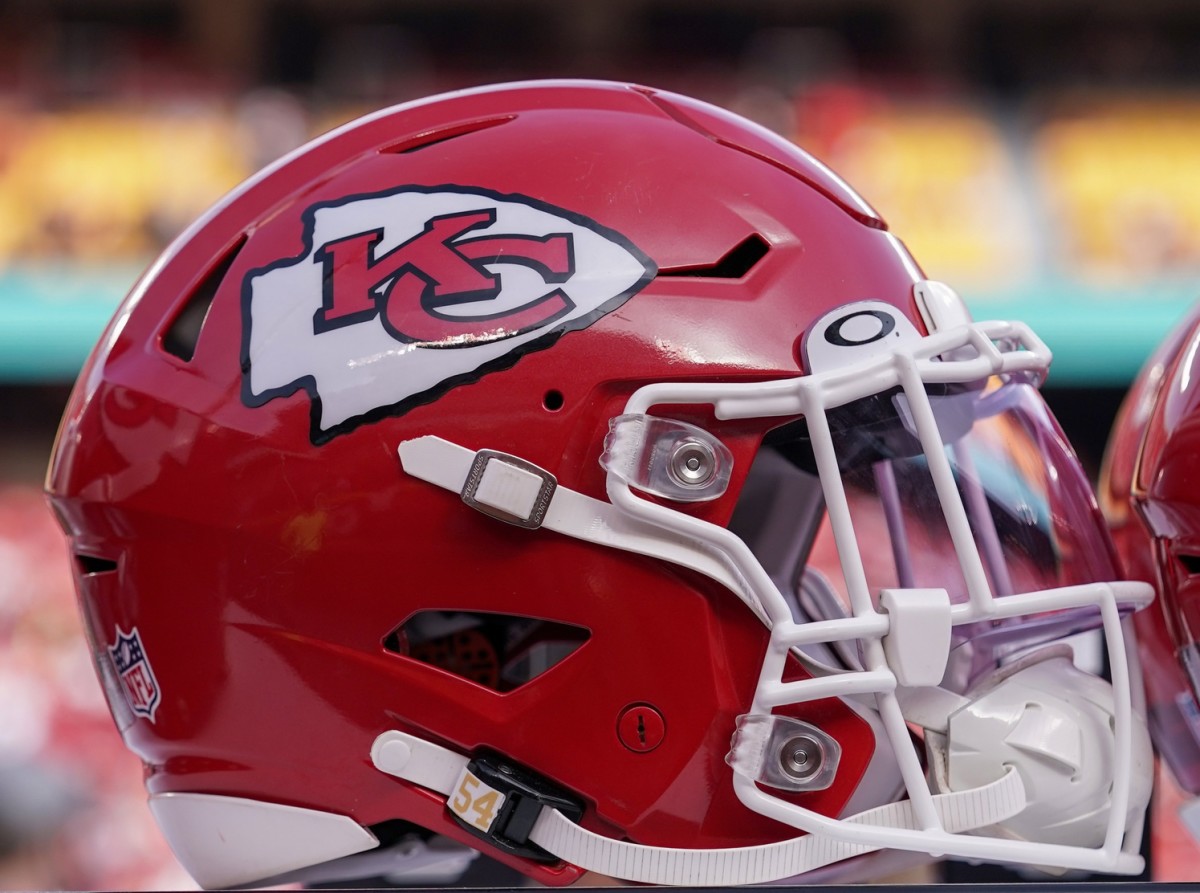 Jan 30, 2022; Kansas City, Missouri, USA; A general view of a Kansas City Chiefs helmet against the Cincinnati Bengals before the AFC Championship game at GEHA Field at Arrowhead Stadium.