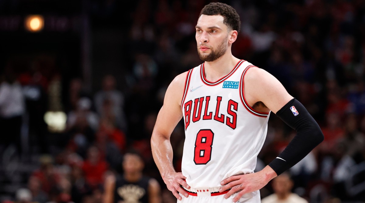 Bulls guard Zach LaVine (8) looks on during the second half of game three of the first round for the 2022 NBA playoffs.