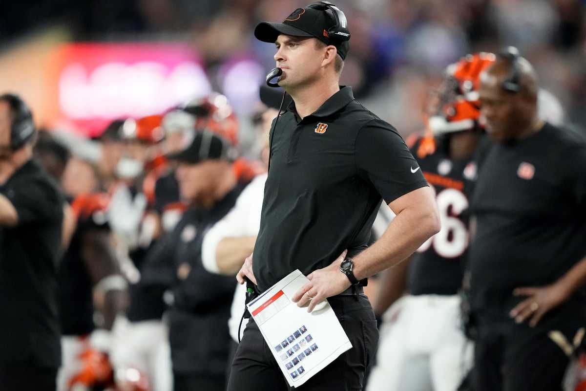Cincinnati Bengals head coach Zac Taylor observes play in the fourth quarter during Super Bowl 56 against the Los Angeles Rams, Sunday, Feb. 13, 2022, at SoFi Stadium in Inglewood, Calif. The Cincinnati Bengals lost, 23-20. Nfl Super Bowl 56 Los Angeles Rams Vs Cincinnati Bengals Feb 13 2022 2875