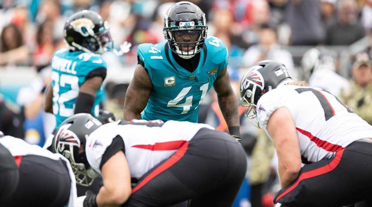 Jacksonville Jaguars linebacker Josh Allen (41) looks at the quarterback during the first half against the Atlanta Falcons at TIAA Bank Field.