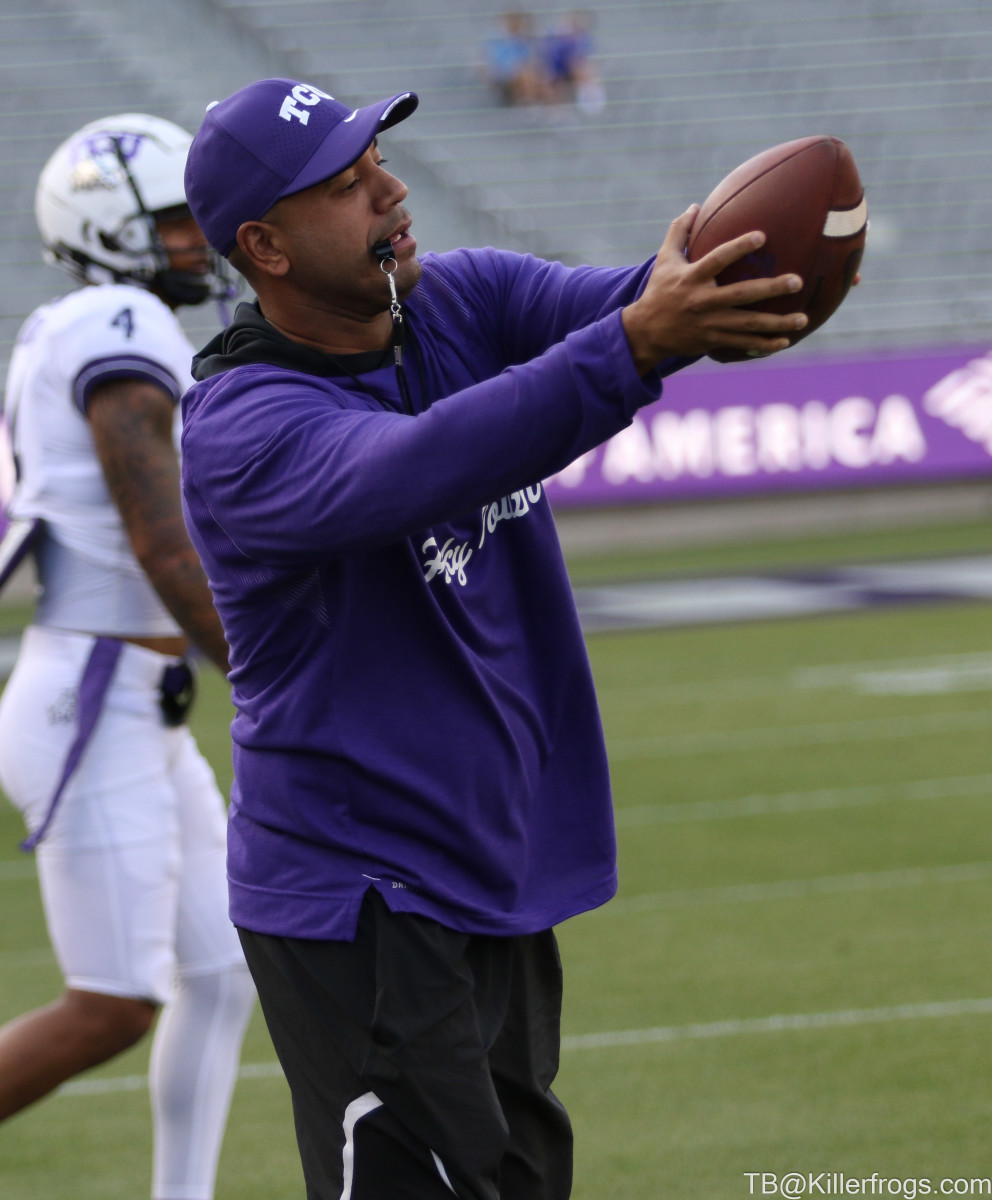 Safeties Coach Paul Gonzales coaching at the TCU Spring Football Game