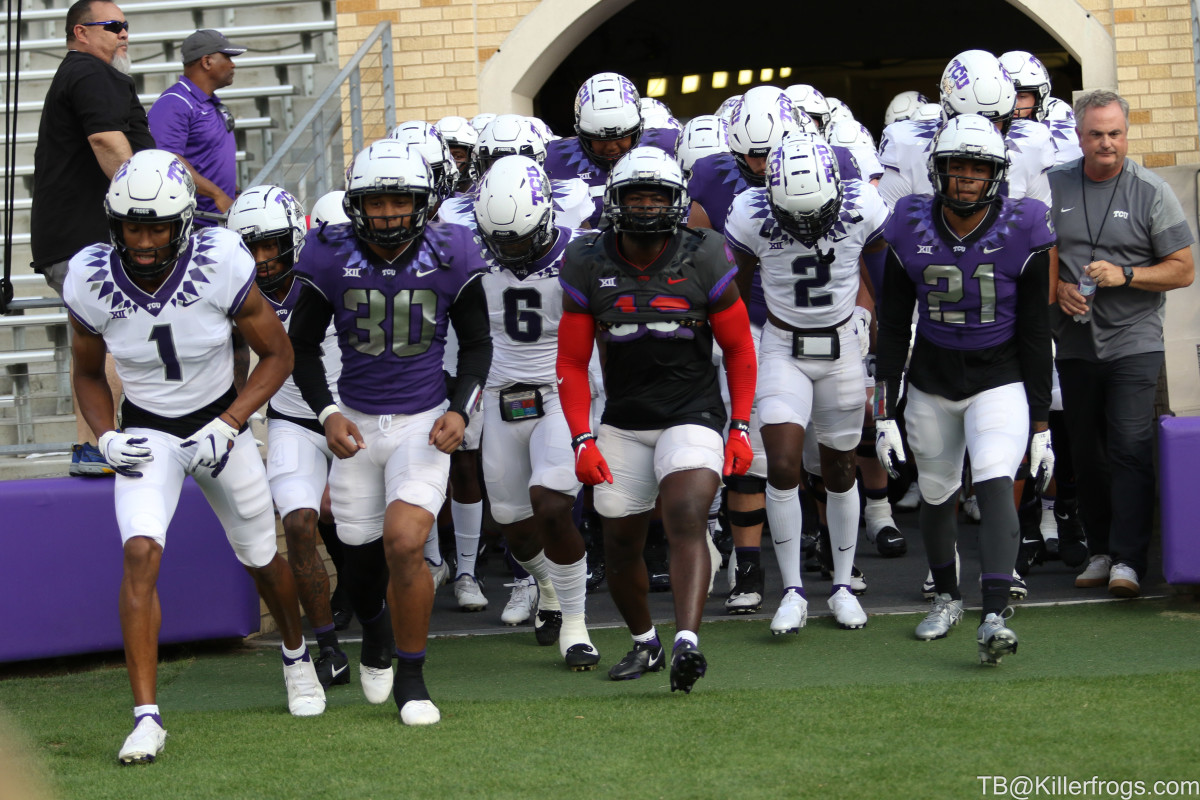 TCU Spring Football Game Players Running From The Tunnel