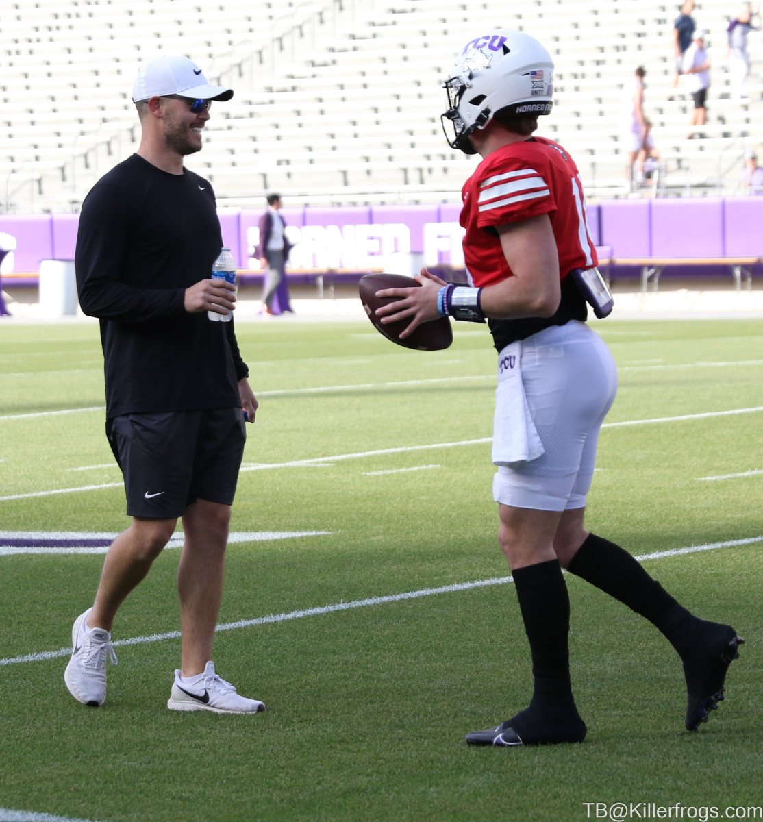 TCU Spring Football Game_Coach Riley laughing with QB