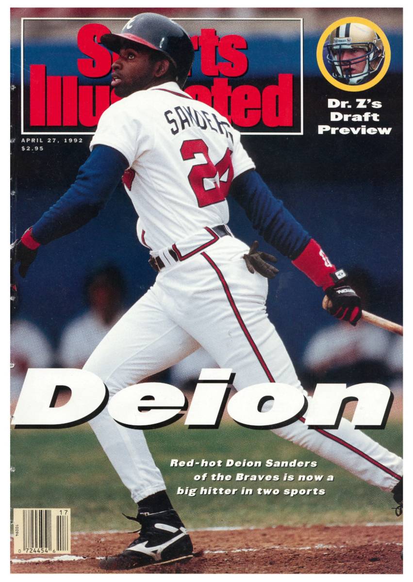Deion Sanders on the cover of Sports Illustrated in 1992 batting for the Braves