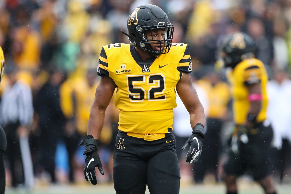 Oct 19, 2019; Boone, NC, USA; Appalachian State Mountaineers linebacker D'Marco Jackson (52) looks on from the field against the Louisiana Monroe Warhawks in the second quarter at Kidd Brewer Stadium.