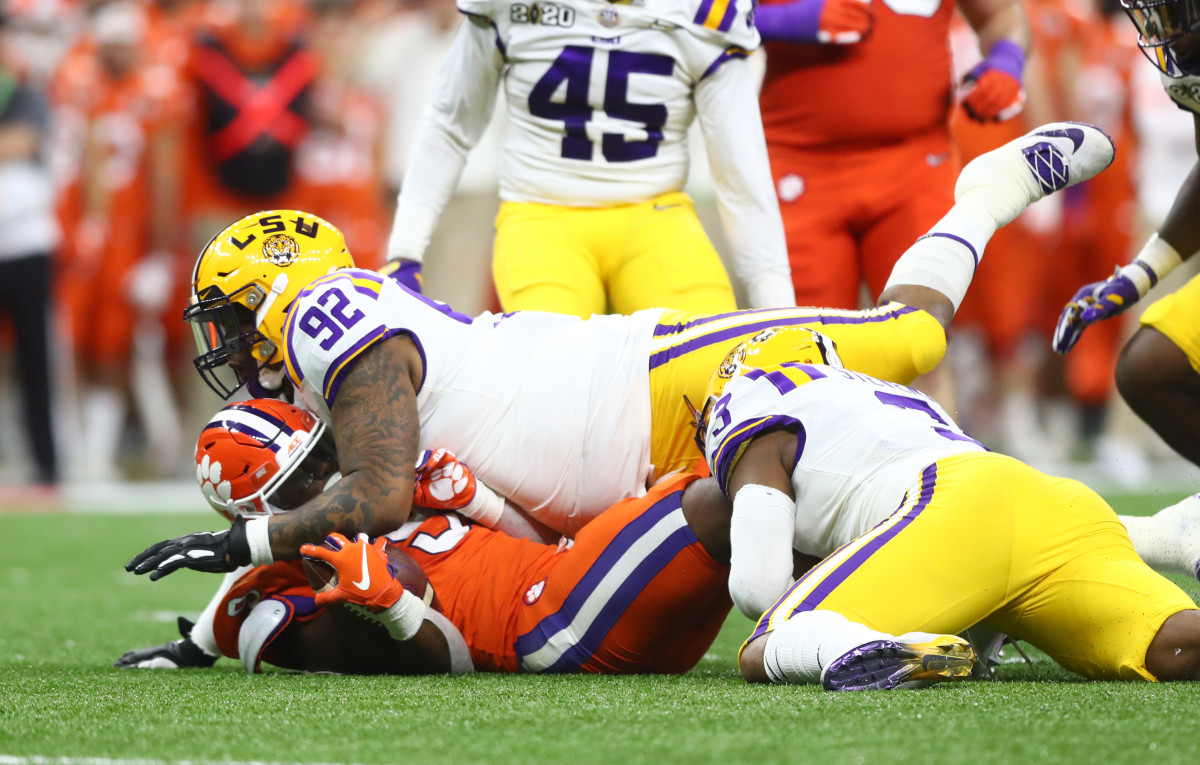 Jan 13, 2020; New Orleans, Louisiana, USA; LSU Tigers defensive end Neil Farrell Jr. (92) against the Clemson Tigers in the College Football Playoff national championship game at Mercedes-Benz Superdome. Mandatory Credit: Mark J. Rebilas-USA TODAY Sports