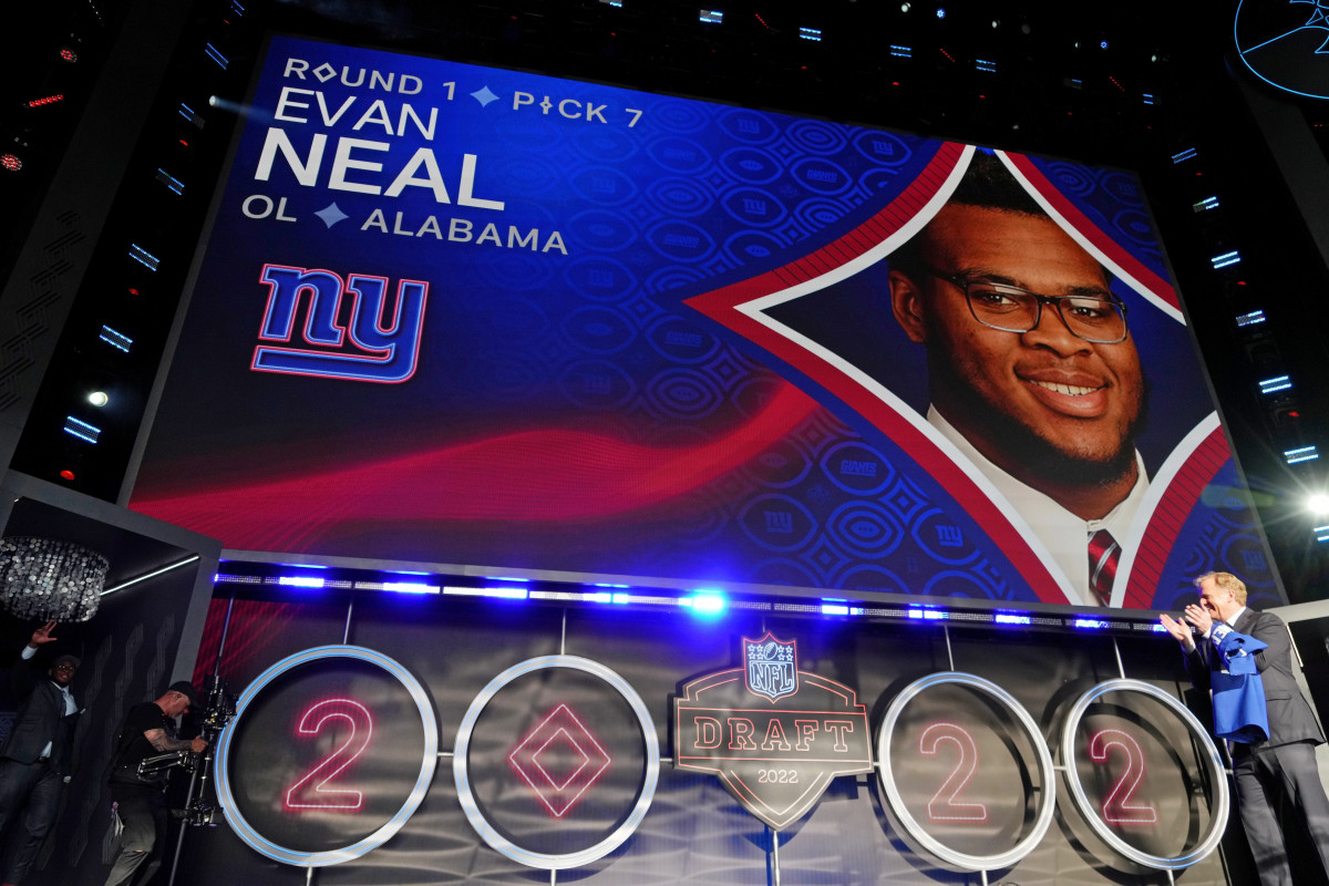 Alabama offensive tackle Evan Neal is announced as the seventh overall pick to the New York Giants during the first round of the 2022 NFL Draft at the NFL Draft Theater.