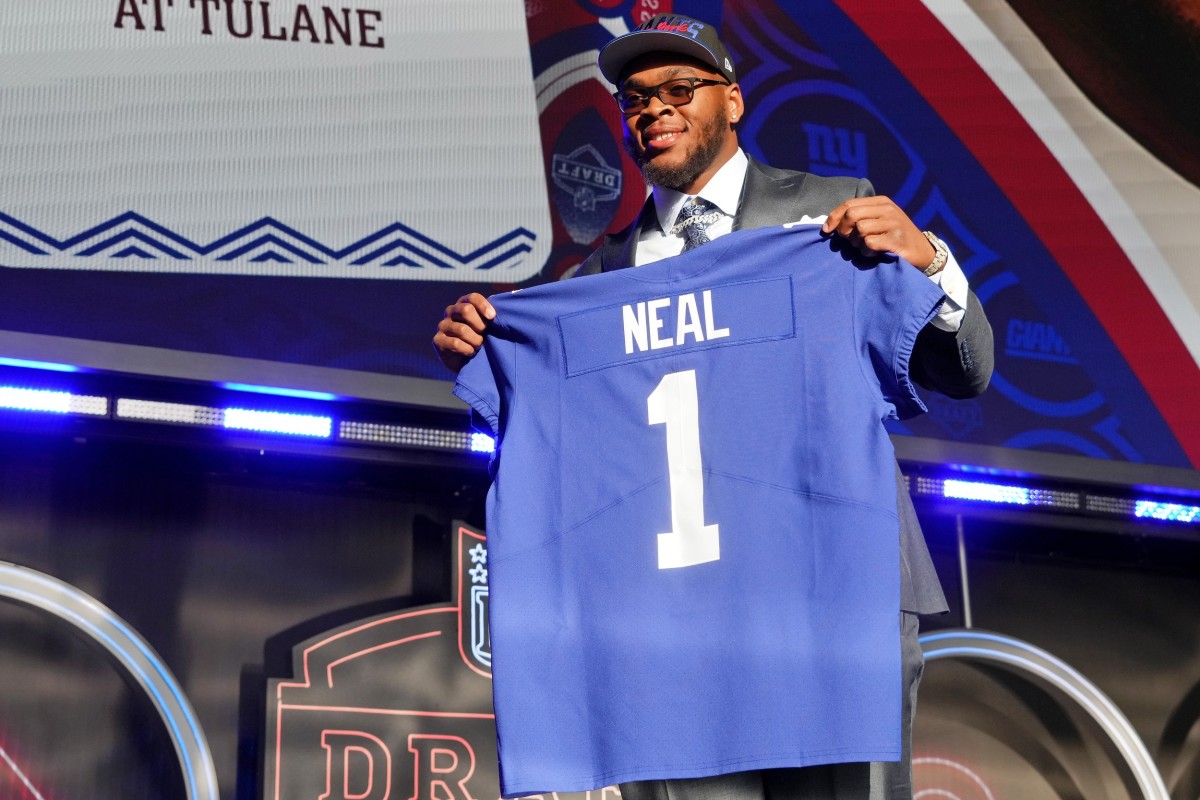 Apr 28, 2022; Las Vegas, NV, USA; Alabama offensive tackle Evan Neal after being selected as the seventh overall pick to the New York Giants during the first round of the 2022 NFL Draft at the NFL Draft Theater.