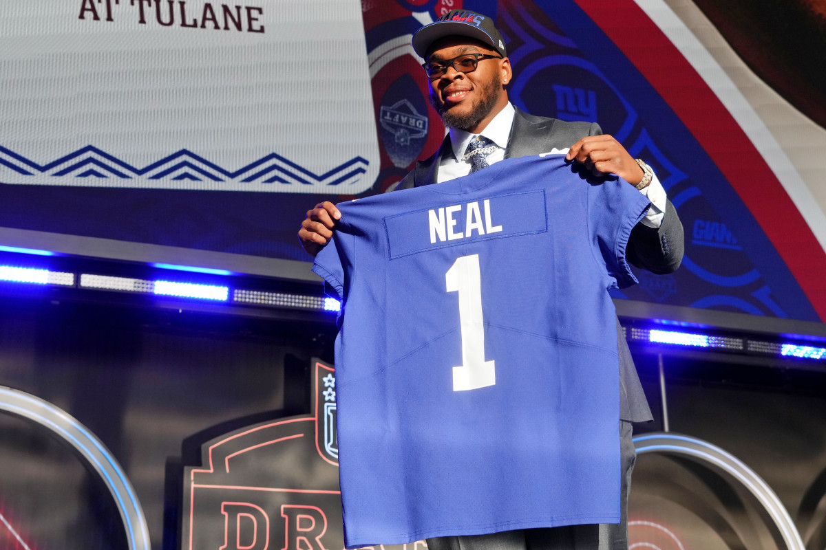 Alabama offensive tackle Evan Neal after being selected as the seventh overall pick to the New York Giants during the first round of the 2022 NFL Draft at the NFL Draft Theater.