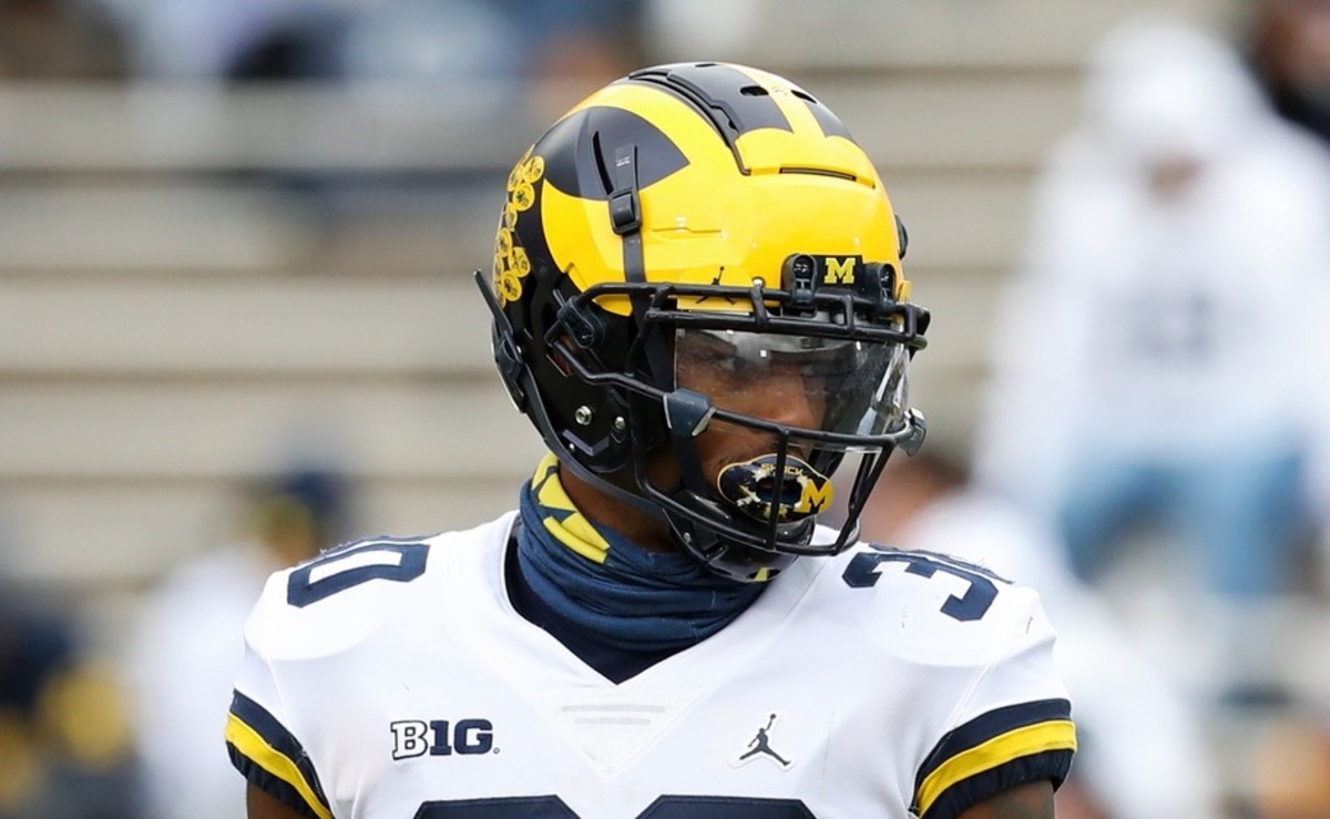 Nov 13, 2021; University Park, Pennsylvania, USA; Michigan Wolverines defensive back Daxton Hill (30) during a warm up prior to the game against the Penn State Nittany Lions at Beaver Stadium. Mandatory Credit: Matthew OHaren-USA TODAY Sports Dax Hill