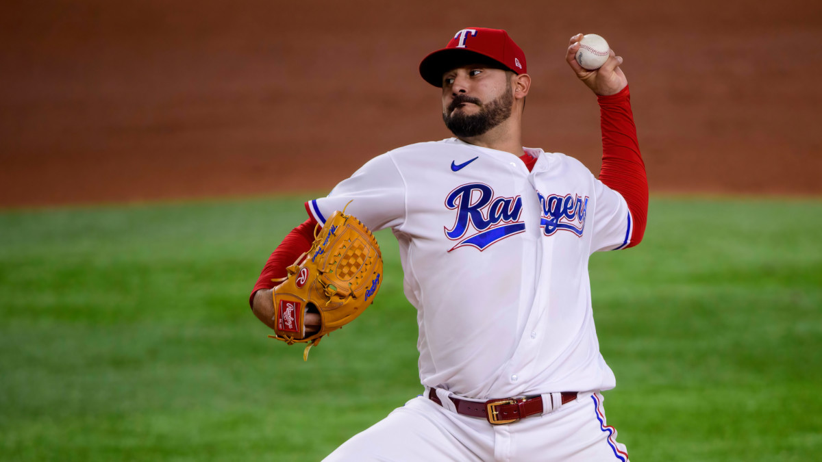 Apr 28, 2022; Arlington, Texas, USA; Texas Rangers starting pitcher Martin Perez (54) pitches against the Houston Astros during the third inning at Globe Life Field. Mandatory Credit: Jerome Miron-USA TODAY Sports