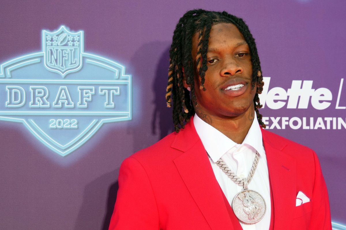 Alabama wide receiver Jameson Williams on the red carpet at the Fountains of Bellagio before the first round of the 2022 NFL Draft.