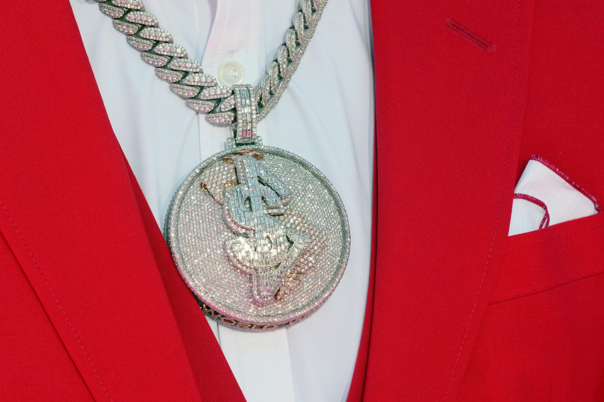 A detail view of a necklace worn by Alabama wide receiver Jameson Williams on the red carpet at the Fountains of Bellagio before the first round of the 2022 NFL Draft.