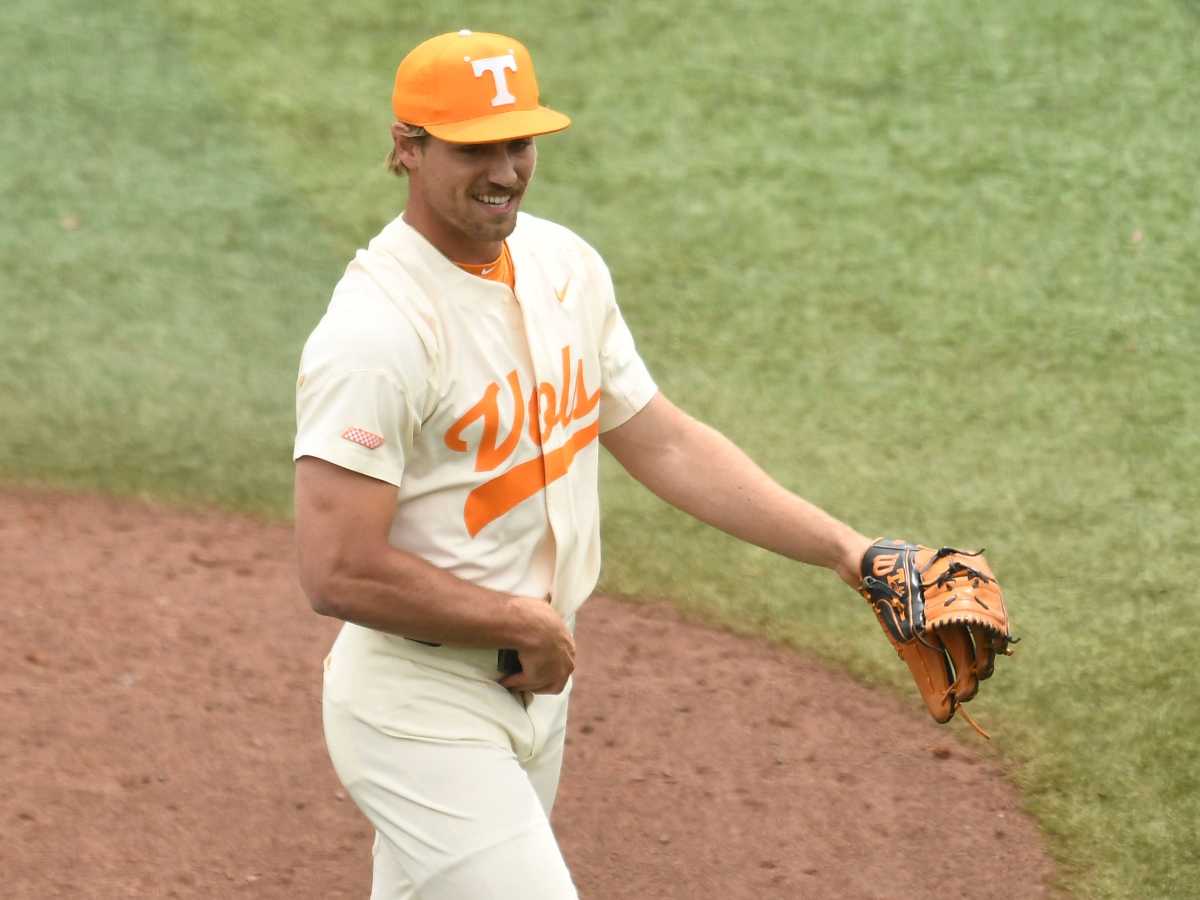 Tennessee pitcher Ben Joyce (44) smiles as he walks to the dugout after striking out his first batter during the NCAA baseball game against Alabama in Knoxville, Tenn. on Sunday, April 17, 2022. Kns Us Base Alabama