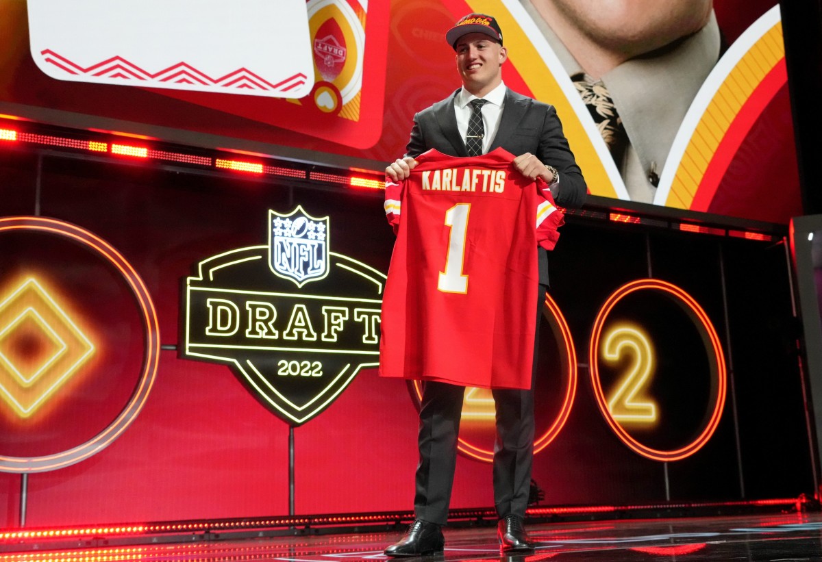 Apr 28, 2022; Las Vegas, NV, USA; Purdue defensive end George Karlaftis after being selected as the thirtieth overall pick to the Kansas City Chiefs during the first round of the 2022 NFL Draft at the NFL Draft Theater. Mandatory Credit: Kirby Lee-USA TODAY Sports