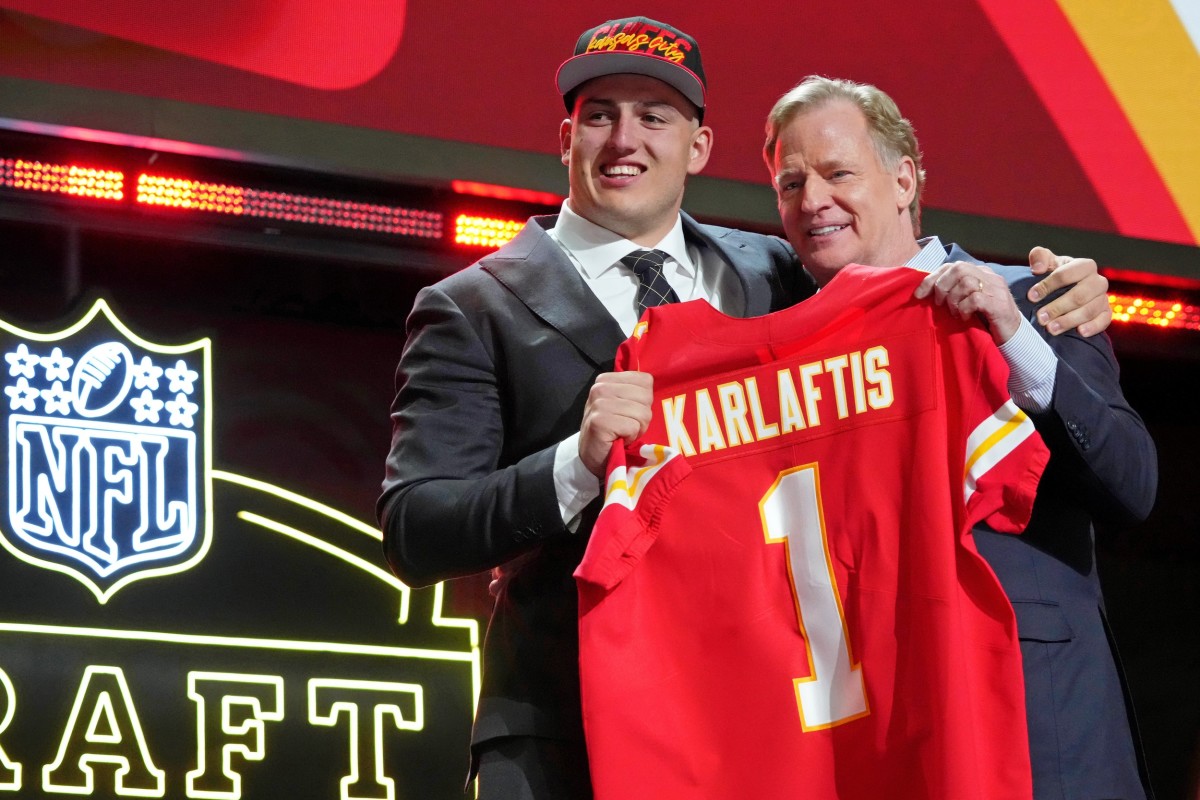 Apr 28, 2022; Las Vegas, NV, USA; Purdue defensive end George Karlaftis with NFL commissioner Roger Goodell after being selected as the thirtieth overall pick to the Kansas City Chiefs during the first round of the 2022 NFL Draft at the NFL Draft Theater. Mandatory Credit: Kirby Lee-USA TODAY Sports
