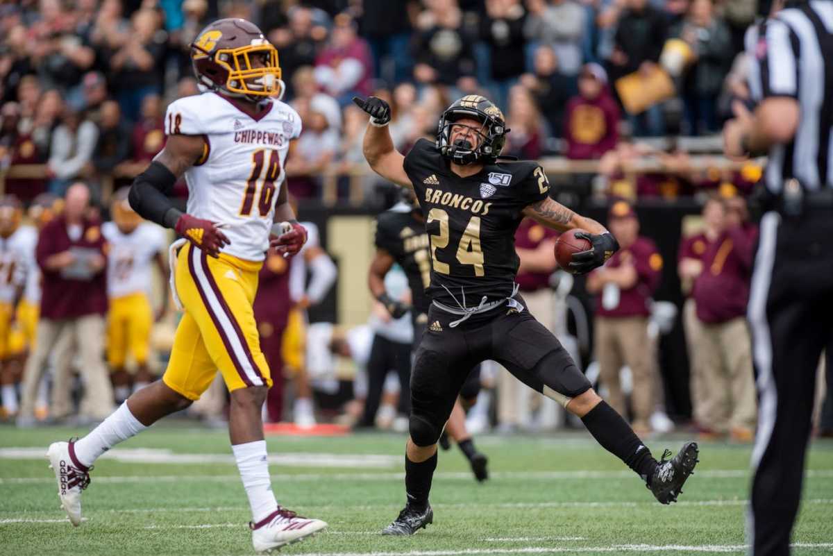 Western Michigan wide receiver Skyy Moore (24) receives a pass during the Battle for the Cannon between Western Michigan and Central Michigan on Saturday, Sept. 28, 2019 at Waldo Stadium in Kalamazoo, Mich. Wmuvscmu02