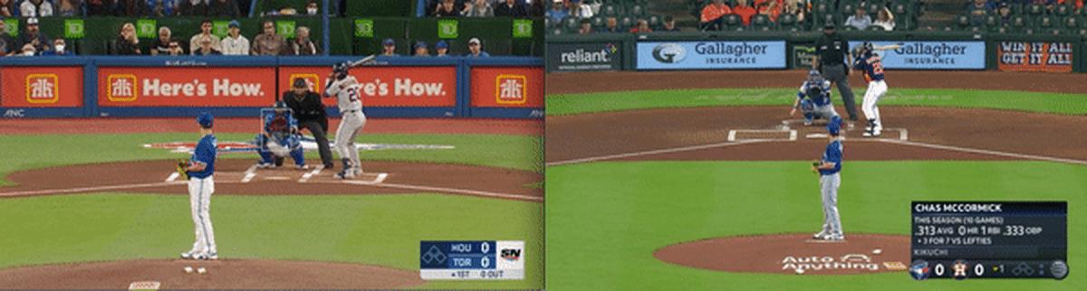 Kikuchi's first-pitch delivery on Friday (left) and last Monday (right). (Video from Sportsnet and AT&T Southwest