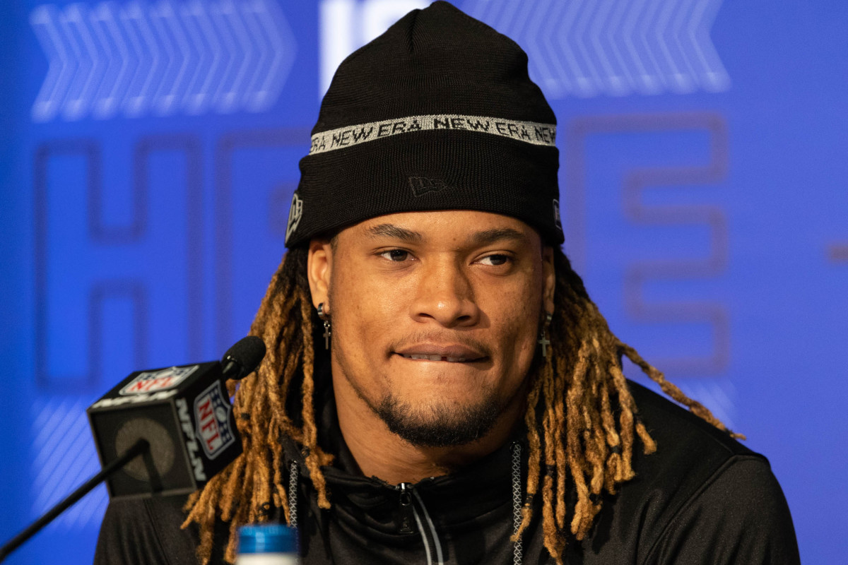 Mar 5, 2022; Indianapolis, IN, USA; Cincinnati defensive back Bryan Cook (DB48) talks to the media during the 2022 NFL Scouting Combine at Lucas Oil Stadium. Mandatory Credit: Trevor Ruszkowski-USA TODAY Sports