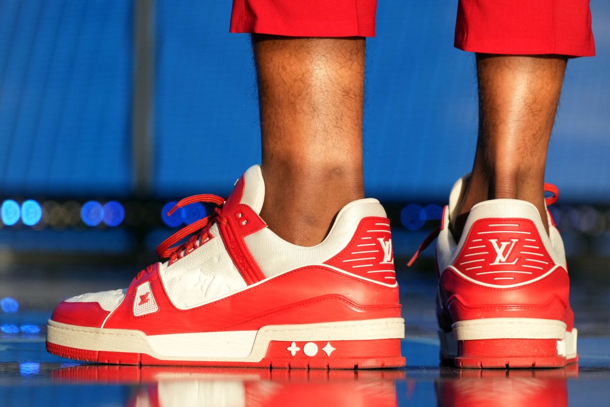 A detailed view of the shoes worn by Alabama wide receiver Jameson Williams after he was selected as the twelfth overall pick to the Detroit Lions during the first round of the 2022 NFL Draft at the NFL Draft Theater.