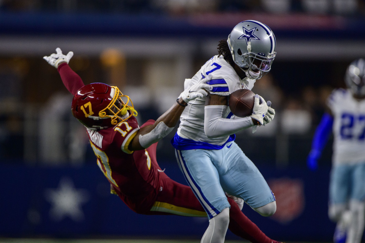 Washington Football Team wide receiver Terry McLaurin (17) and Dallas Cowboys cornerback Trevon Diggs (7) in action during the game between the Washington Football Team and the Dallas Cowboys at AT&T Stadium