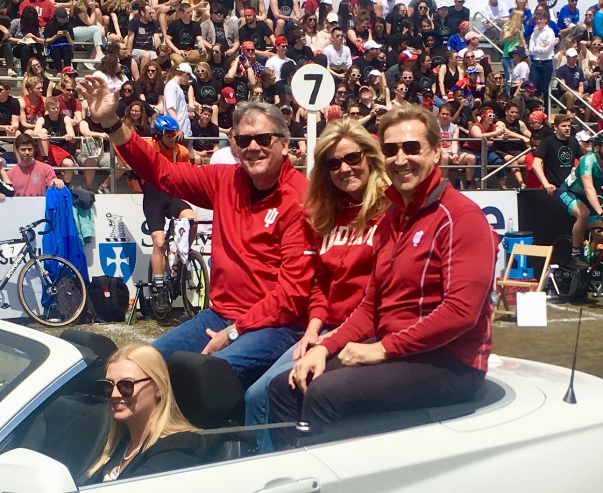 Terry Tallen and his wife Diane ride alongside former Indiana Vice President and Director of Athletics Fred Glass in the pace car for the 2018 Little 500. (Photo courtesy: Terry Tallen)