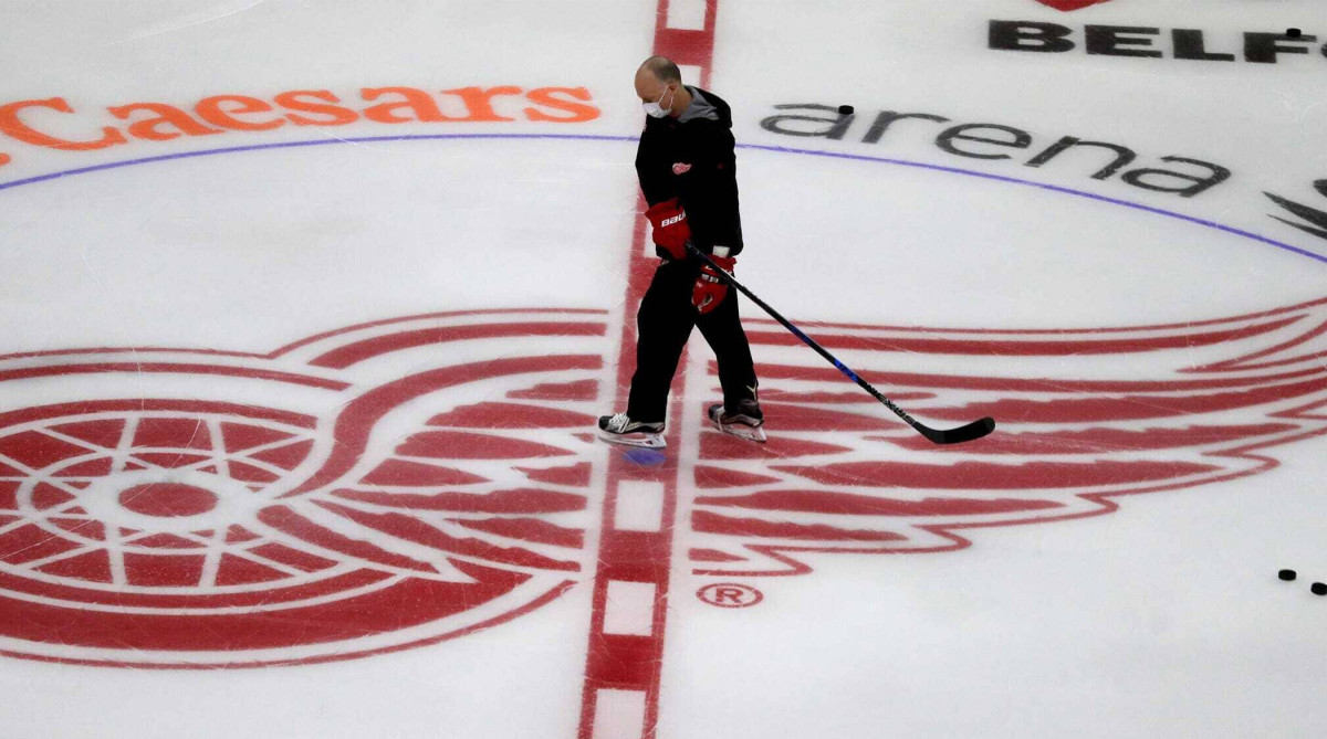 May 18, 2021, USA: Detroit Red Wings head coach Jeff Blashill on the ice for practice at Little Caesars Arena on Jan. 4, 2021.