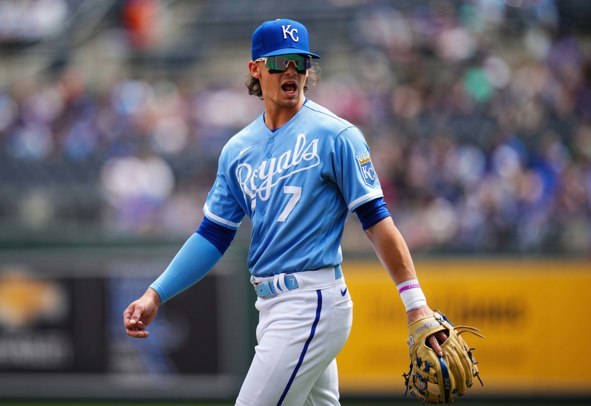 Apr 21, 2022; Kansas City, Missouri, USA; Kansas City Royals third baseman Bobby Witt Jr. (7) reacts after committing an error during the first inning against the Minnesota Twins at Kauffman Stadium. Mandatory Credit: Jay Biggerstaff-USA TODAY Sports