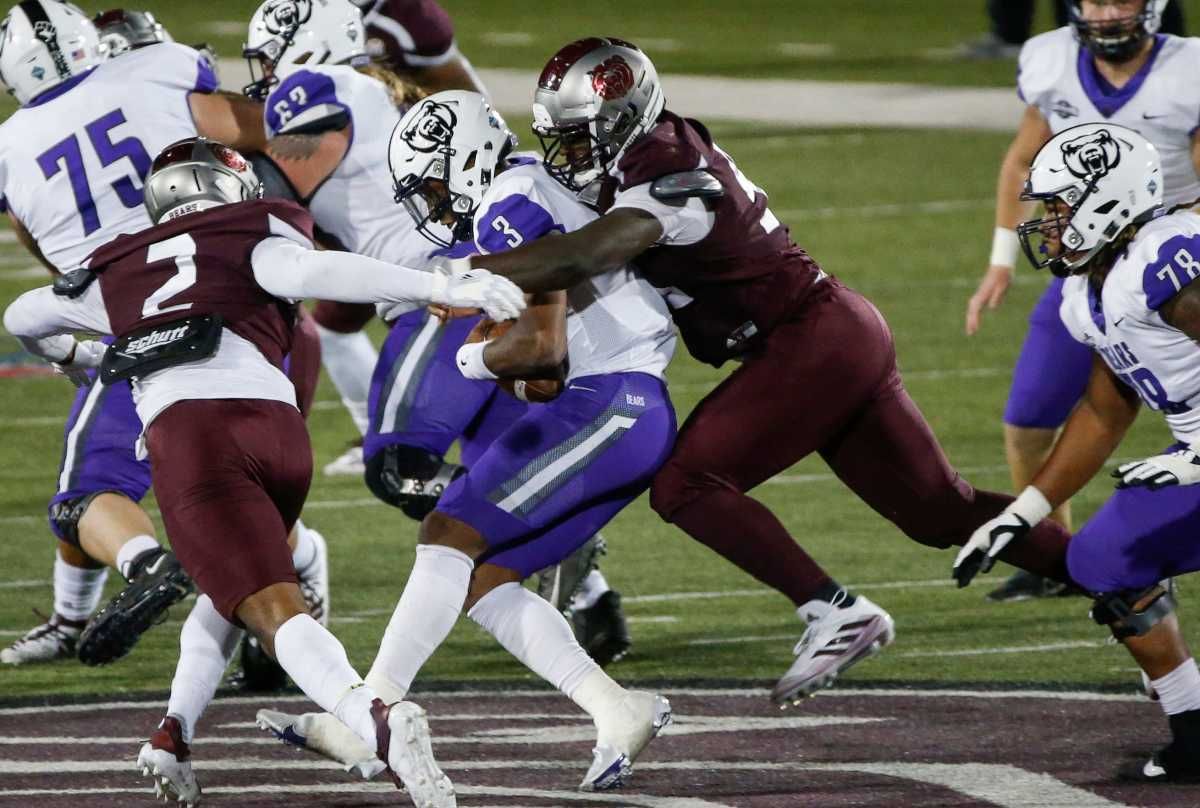 Eric Johnson, of Missouri State, sacks the quarterback during the Bears game against University of Central Arkansas in their home opener at Plaster Stadium on Saturday, Oct. 17, 2020. Msuuca10