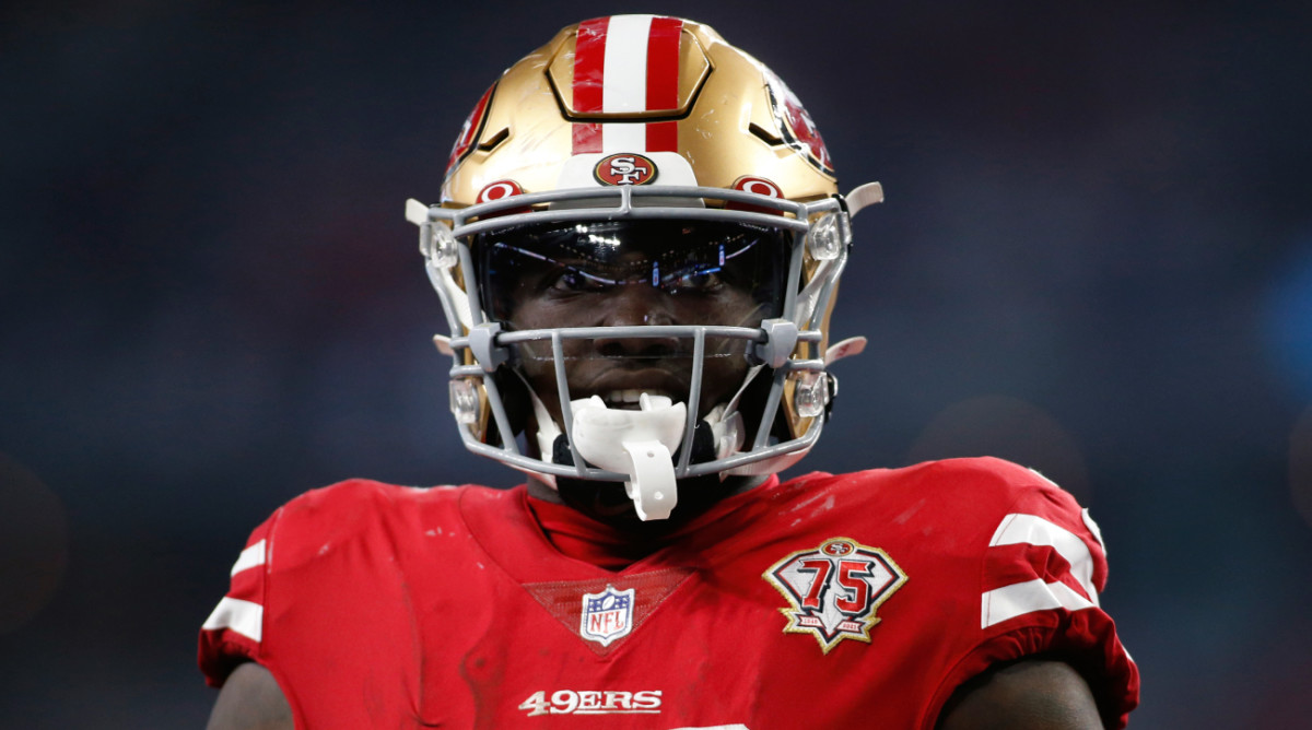 San Francisco 49ers wide receiver Deebo Samuel (19) reacts after a touchdown.