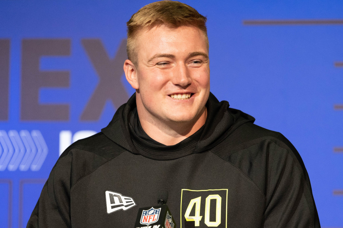 Mar 3, 2022; Indianapolis, IN, USA; Central Michigan offensive lineman Bernhard Raimann talks to the media during the 2022 NFL Scouting Combine. Mandatory Credit: Trevor Ruszkowski-USA TODAY Sports