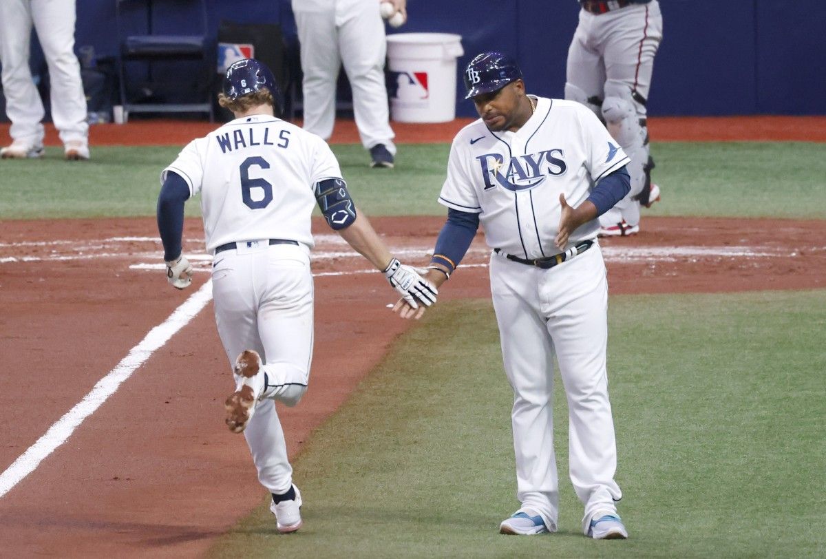 Rays third baseman Taylor Walls trots toward home after hitting his first home run of the season on Saturday. (Reinhold Matay-USA TODAY Sports)
