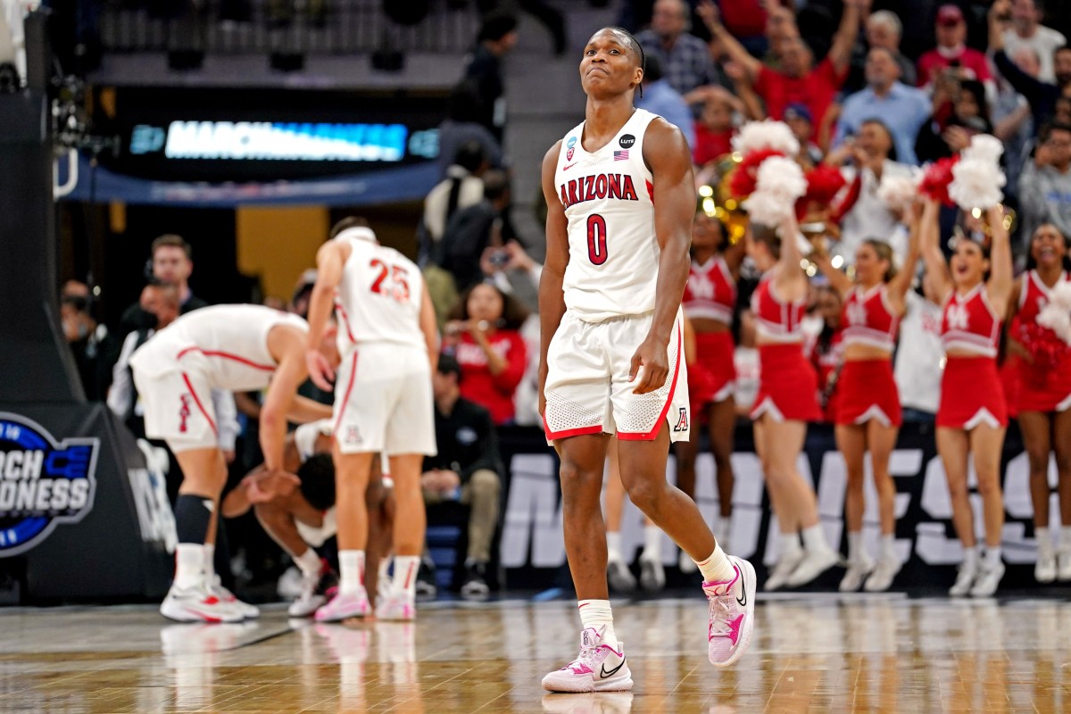Mar 24, 2022; San Antonio, TX, USA; Arizona Wildcats guard Bennedict Mathurin (0) reacts after the game against the Houston Cougars in the semifinals of the South regional of the men's college basketball NCAA Tournament at AT&T Center. Credit: Daniel Dunn-USA TODAY Sports