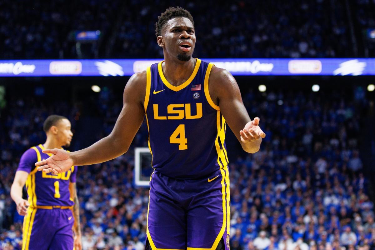 Feb 23, 2022; Lexington, Kentucky, USA; LSU Tigers forward Darius Days (4) reacts to a foul call during the second half against the Kentucky Wildcats at Rupp Arena at Central Bank Center.